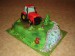 Červený traktor s rybníčkem